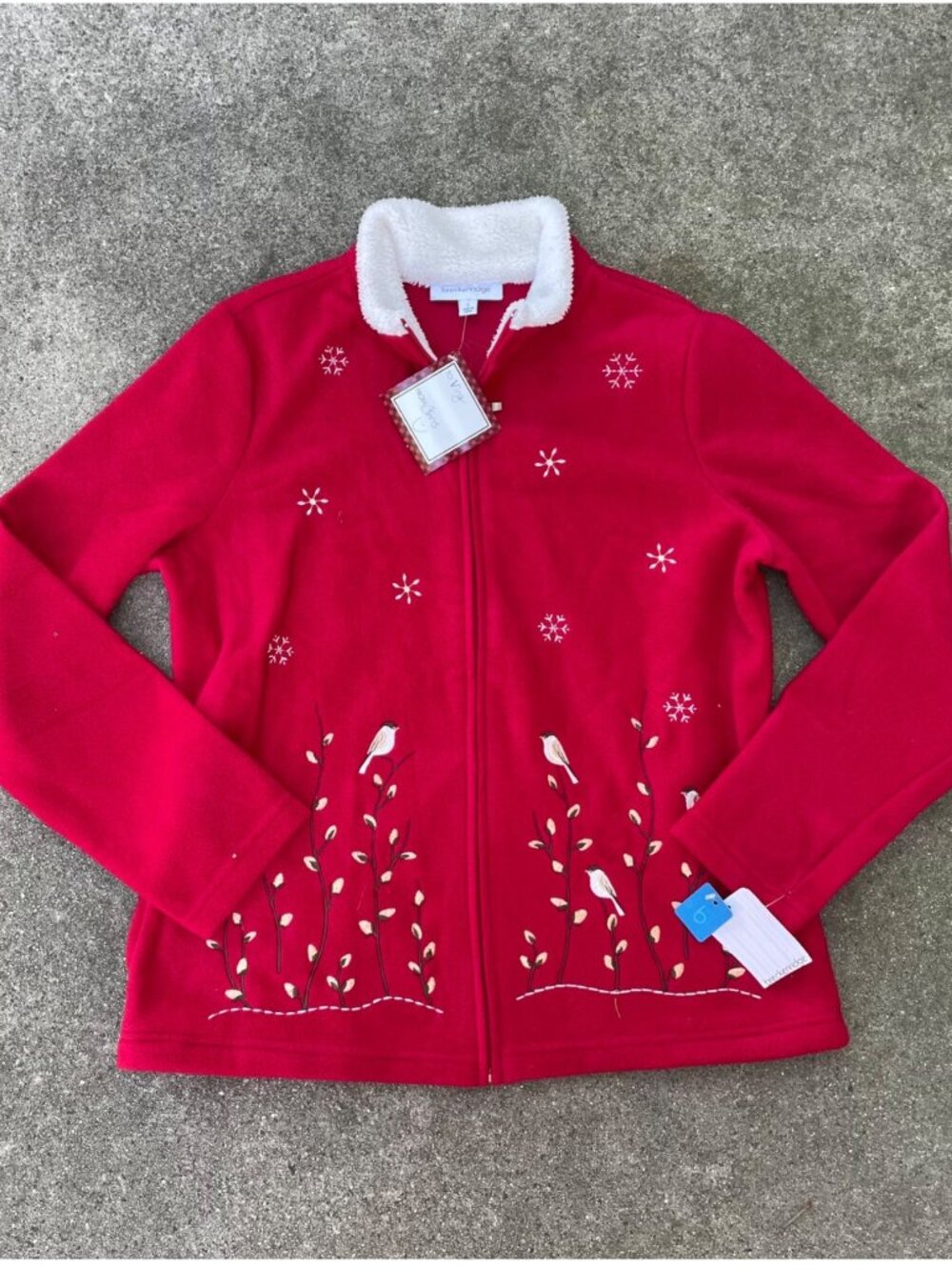 NWT Vintage Y2K Fleece Zip Up Holiday Christmas Embroidered Chickadee L Grandma